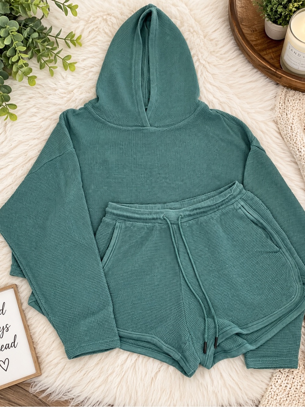 Athleta Teal Waffle Knit Hoodie & Shorts Matching Set